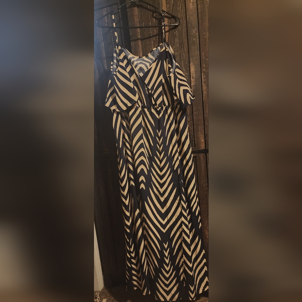 Cream and Navy Blue Off the Shoulder Dress
